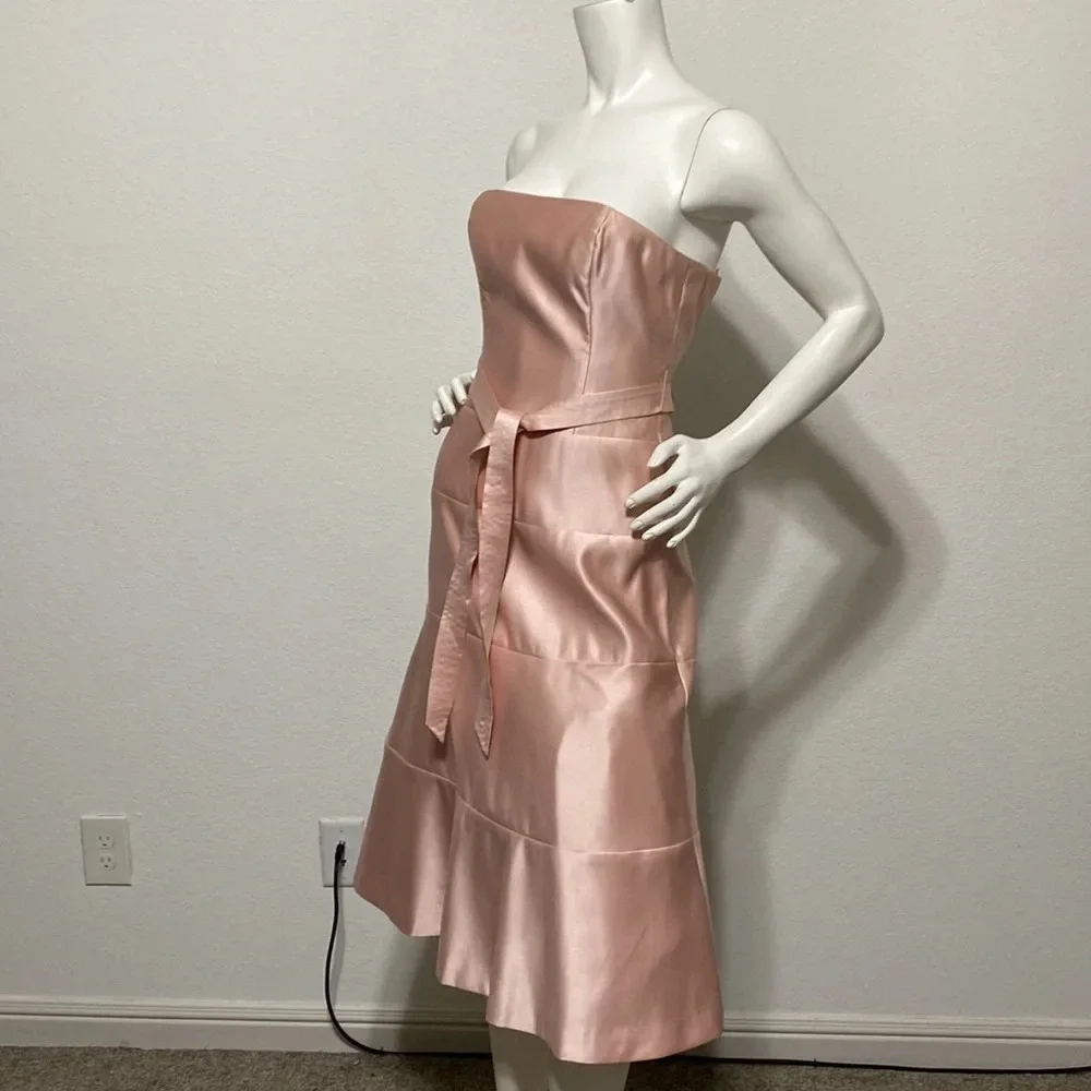 BCBGMaxAzria Pink Satin Strapless Belted Midi Dress Size 2